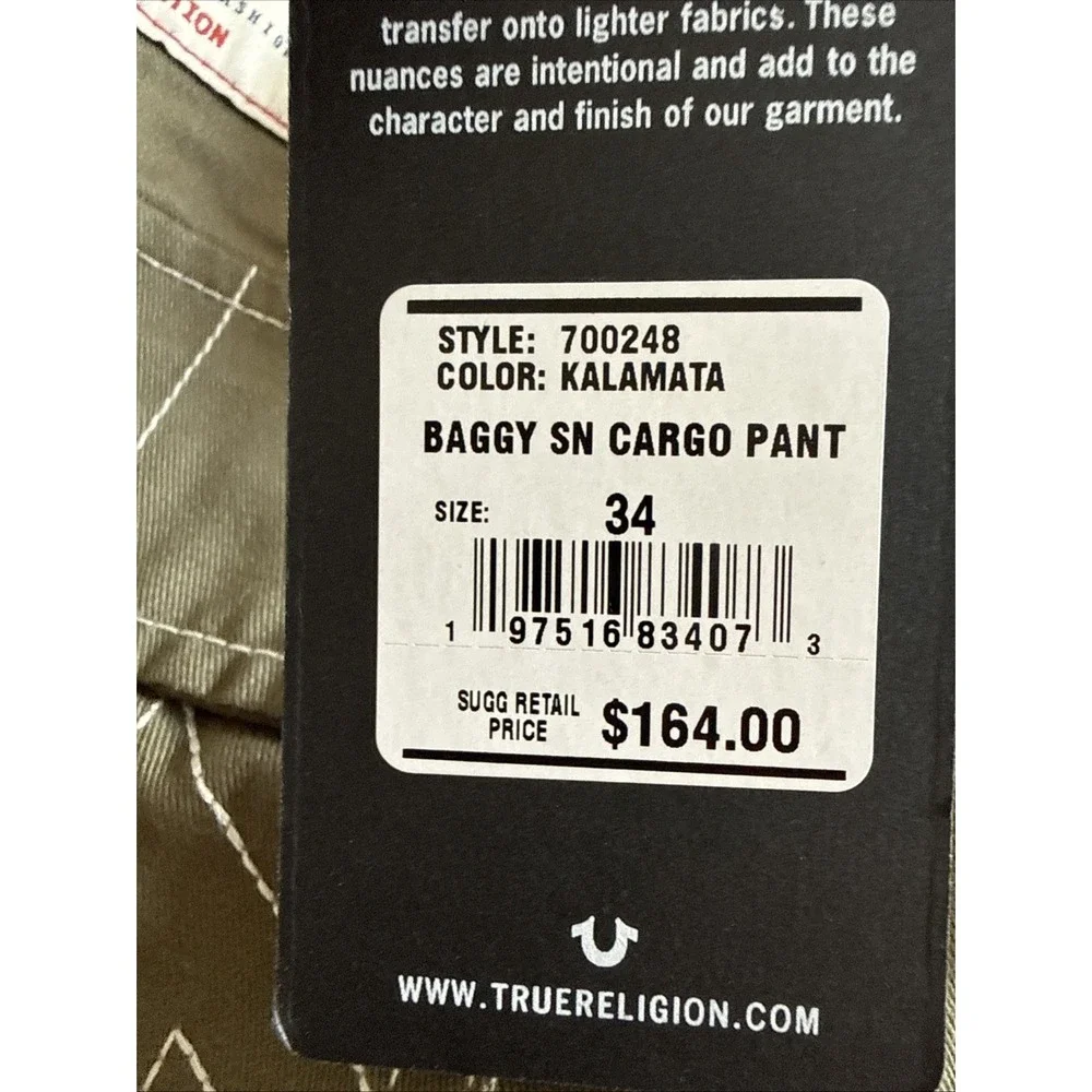 True Religion Mens Baggy SN Cargo Pants Khaki Kalamata 34 700248